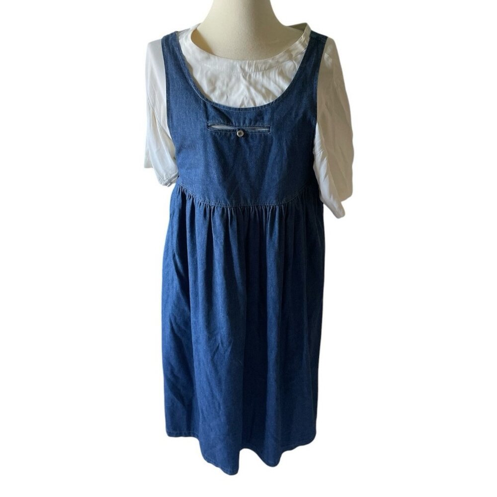 Size 8 Denim & White Cotton Dress Set Long USA Y2K Teachercore Modest Comfy